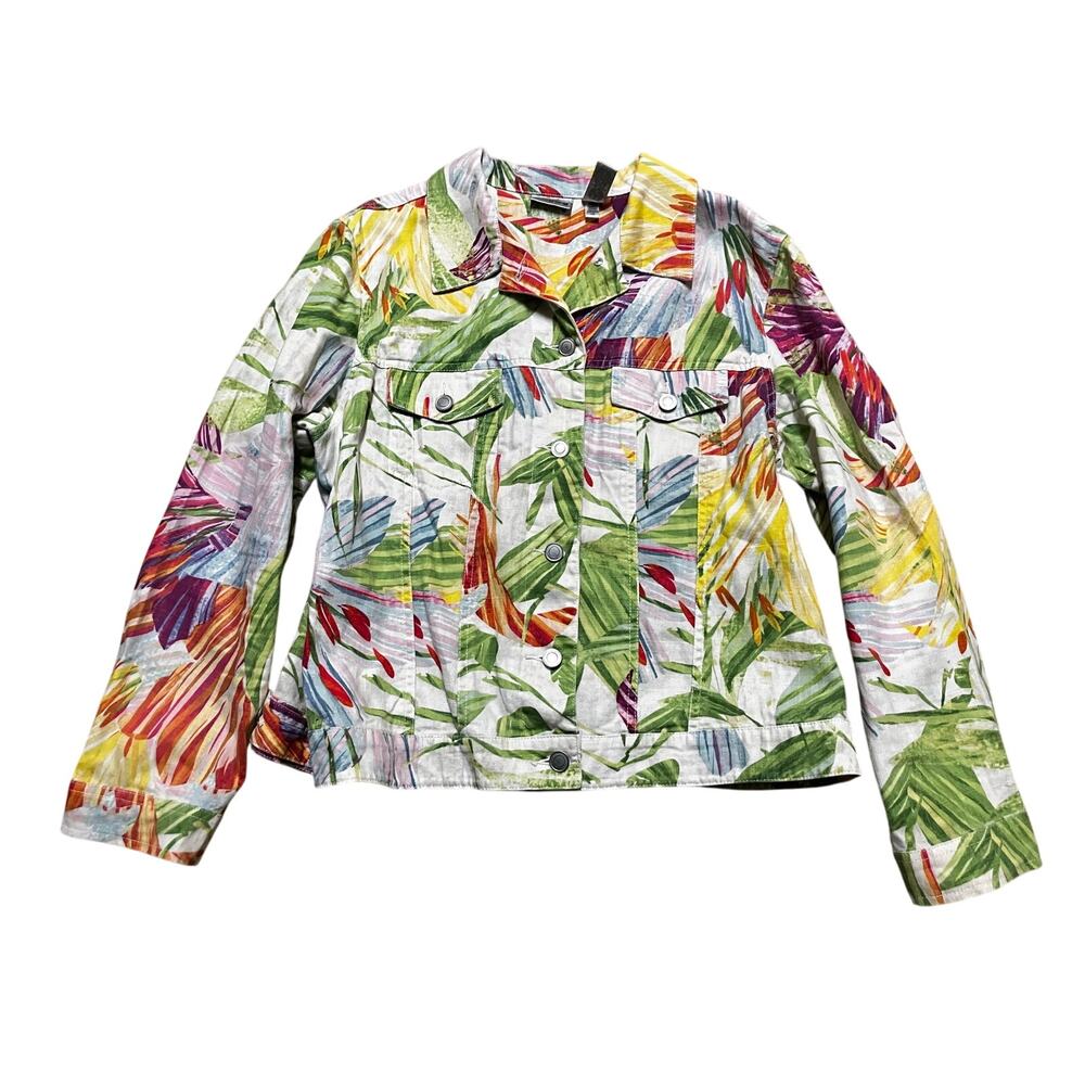 Chico's Size 2 Tropical Linen Blend Jacket Shacket Green Colorful Island Women's